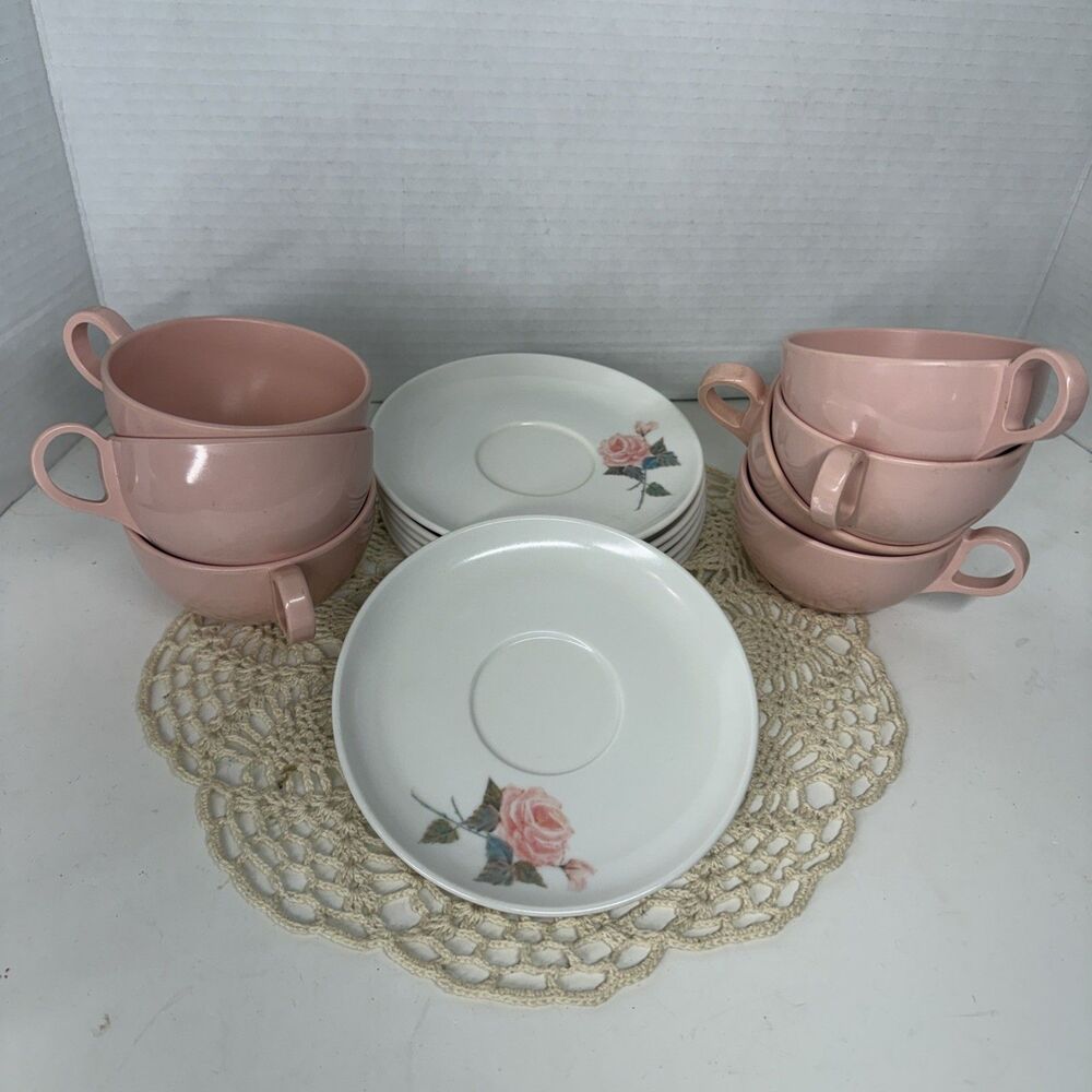 Mid Century Vintage Brookpark Melamine/Melmac Only A Rose Cup & Saucer Set of 7